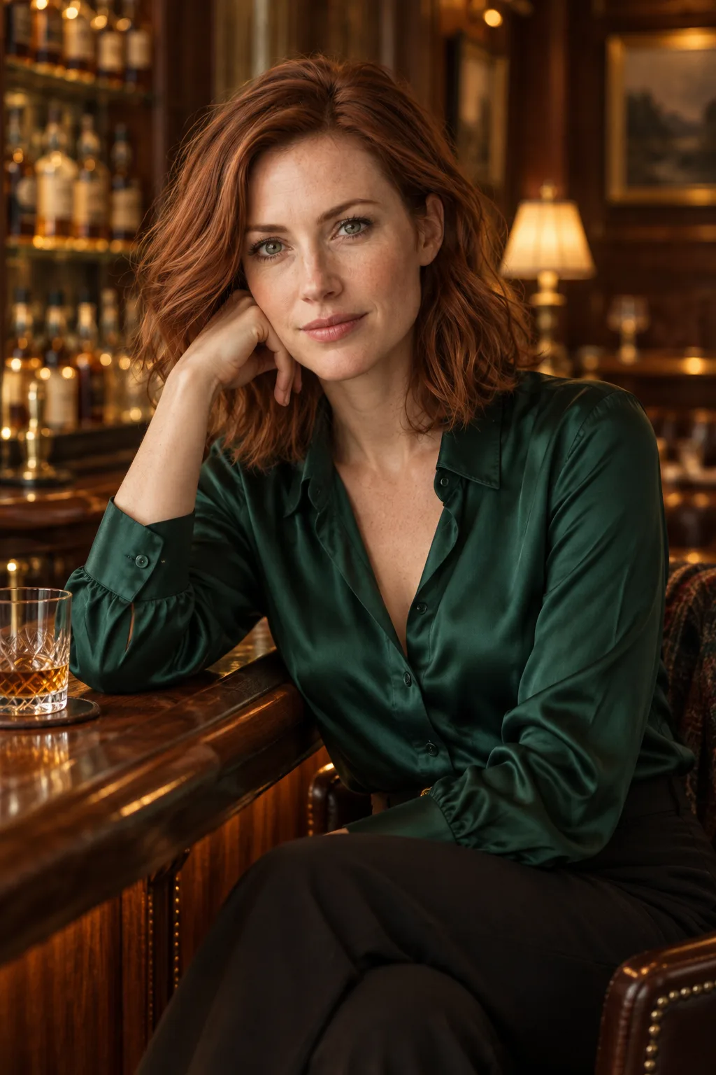 Amelia in an emerald silk blouse at a wood-panelled whisky bar