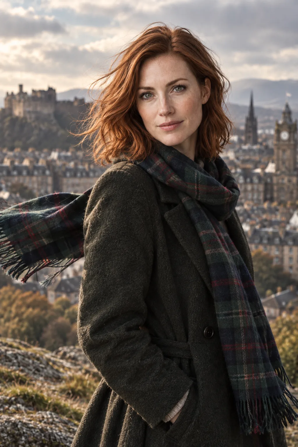 Amelia in a tartan scarf overlooking the Edinburgh skyline