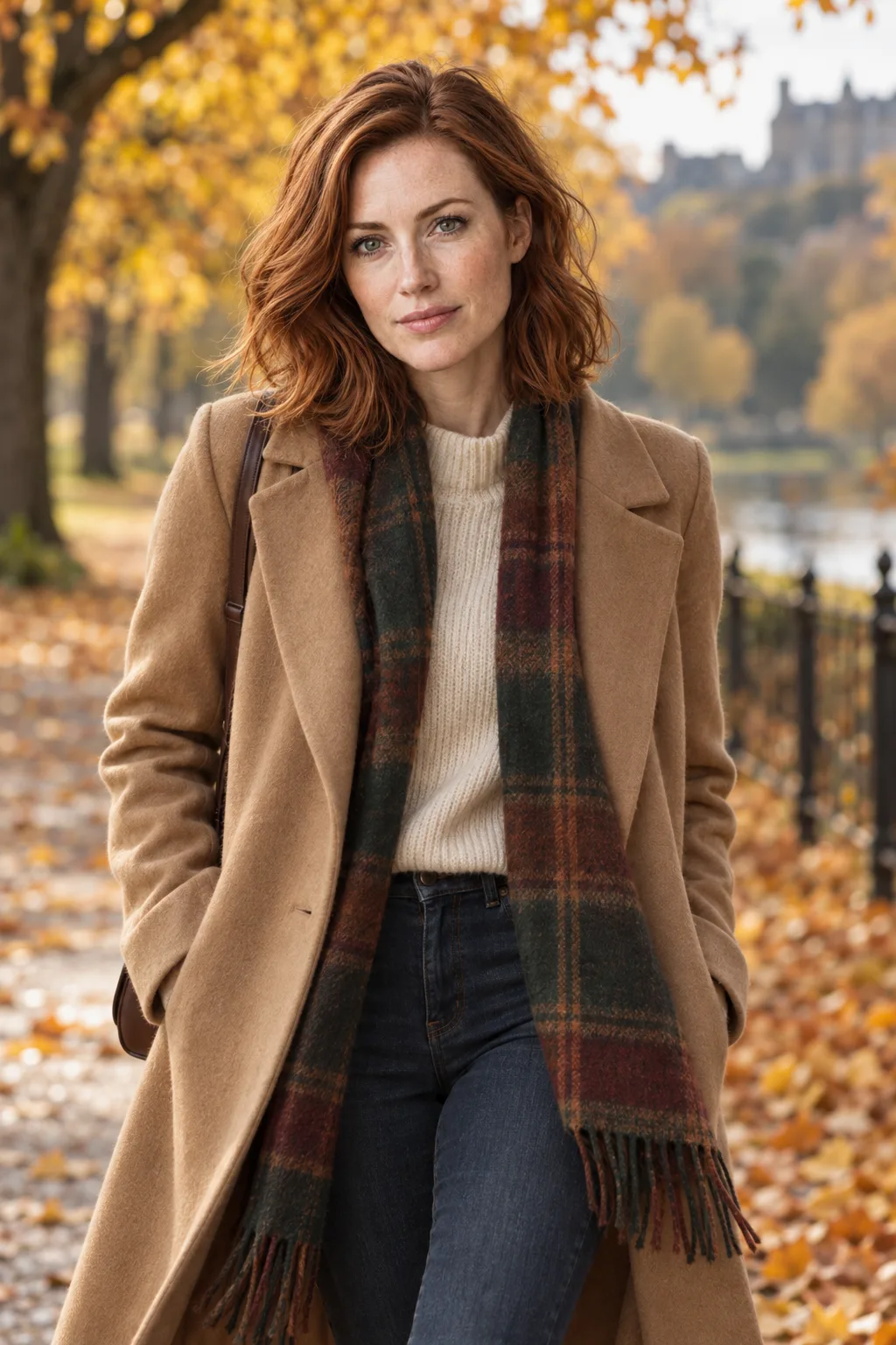 Amelia in a camel coat walking through an autumn park