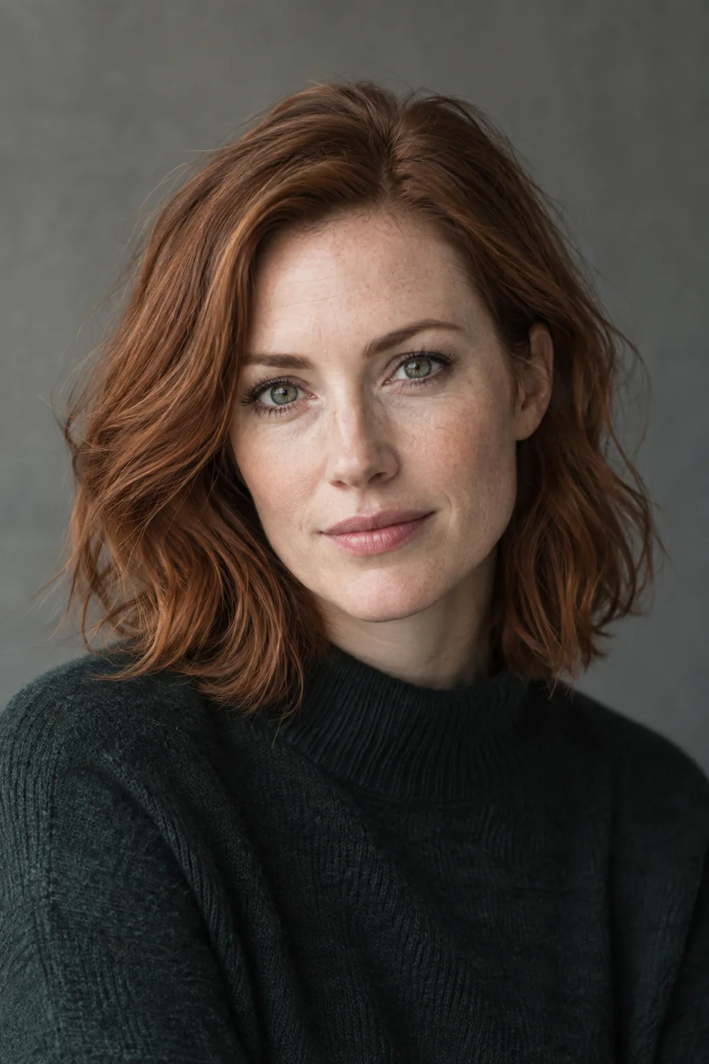 Portrait of Amelia in a dark green jumper, soft window light