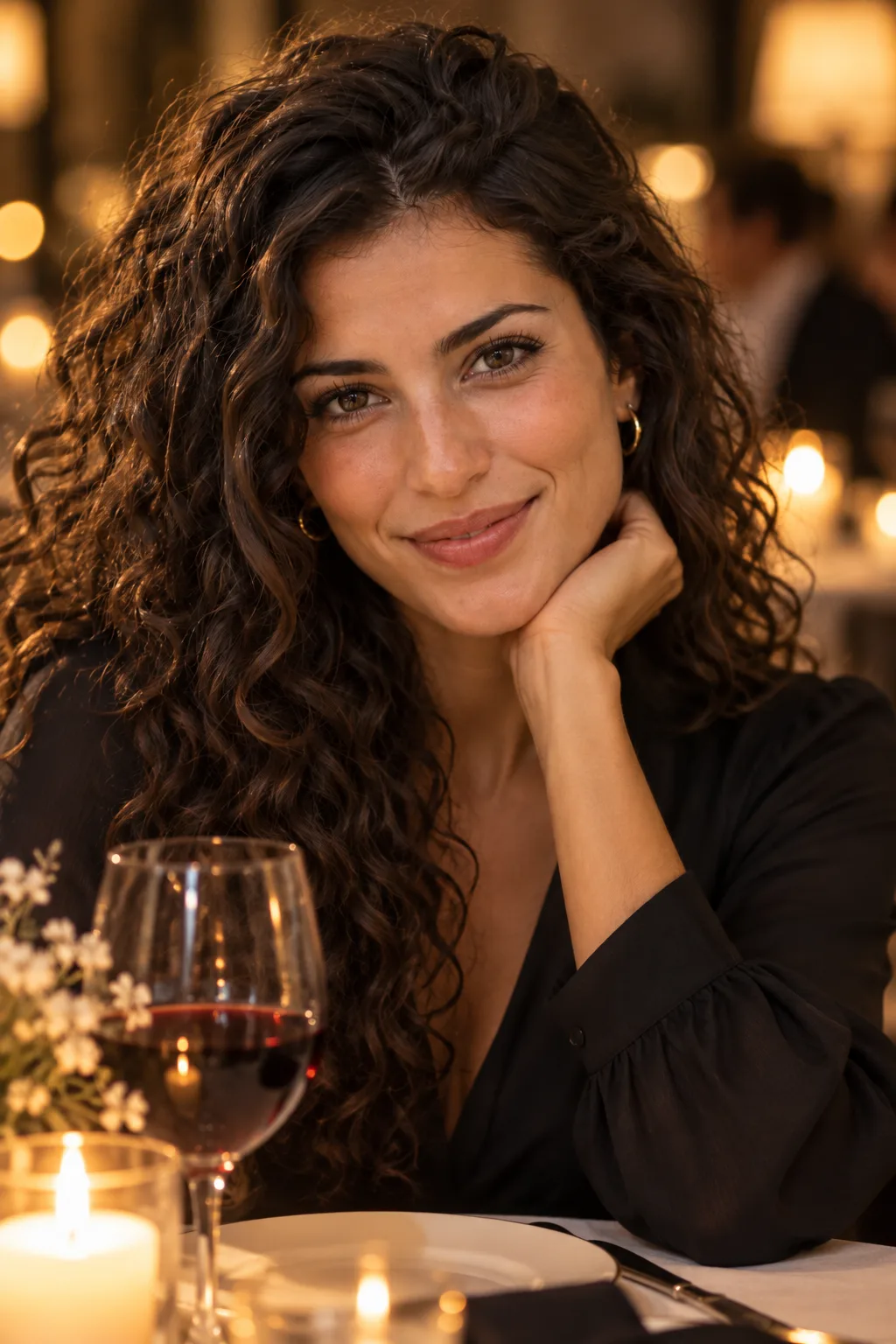 Isabella at a candlelit restaurant table with a glass of red wine