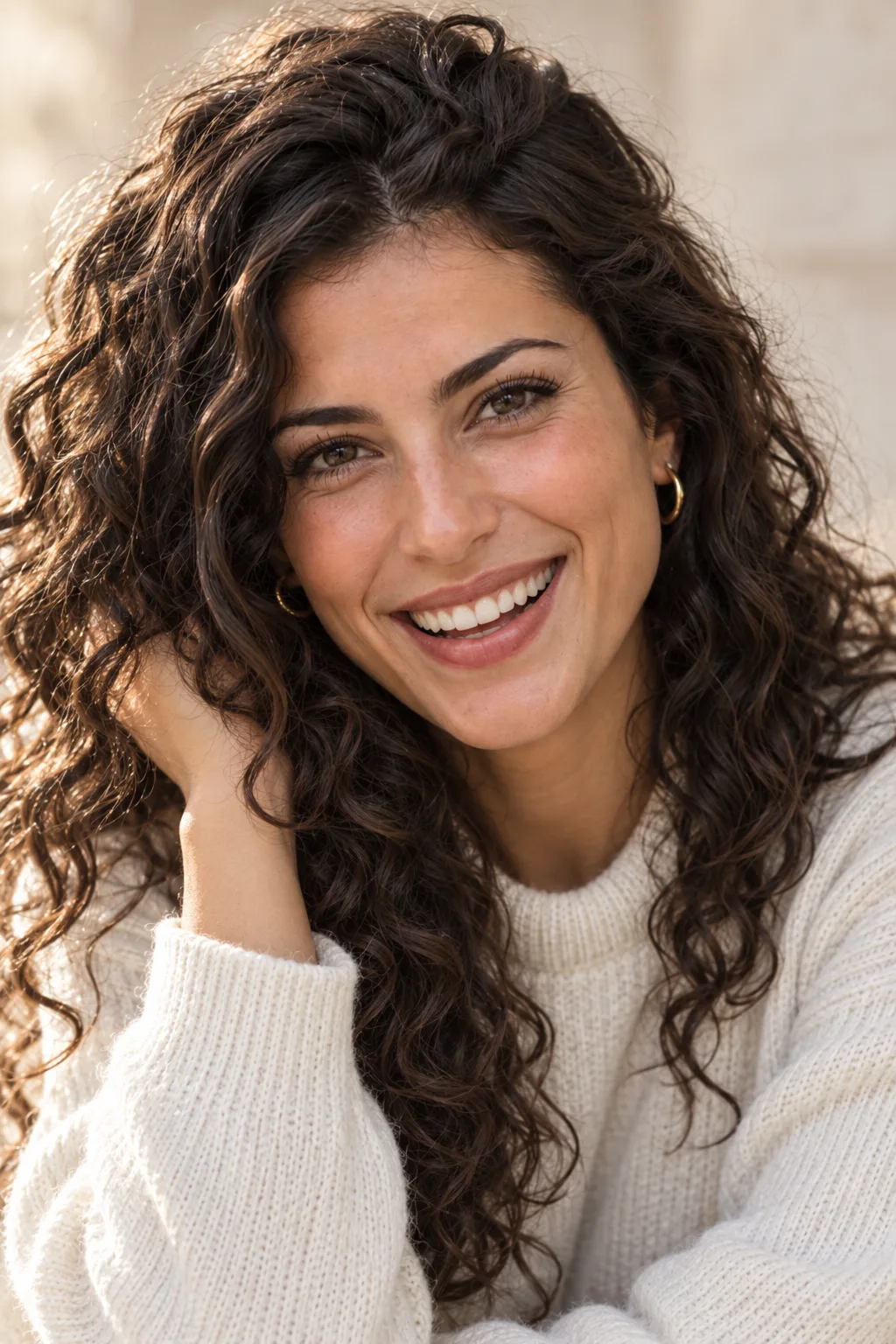 Close-up portrait of Isabella laughing