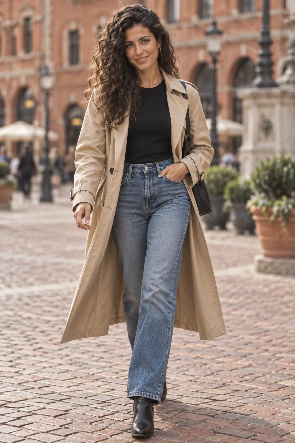Isabella in a beige trench coat walking through a red-brick square