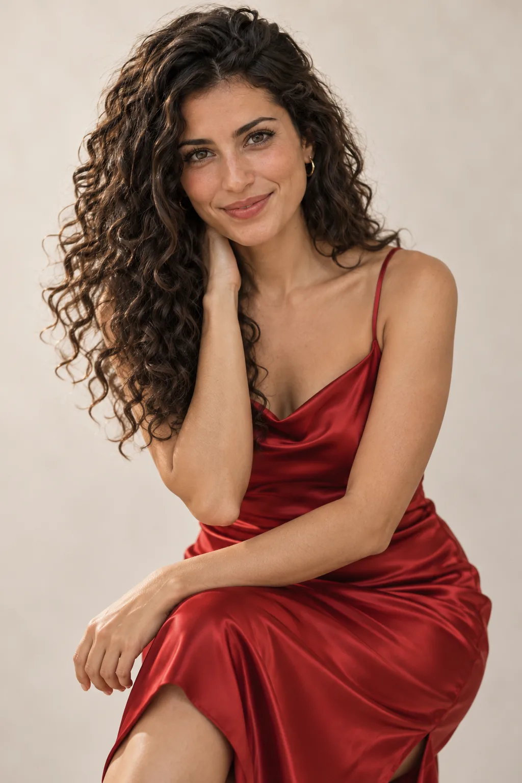 Isabella in a red satin dress